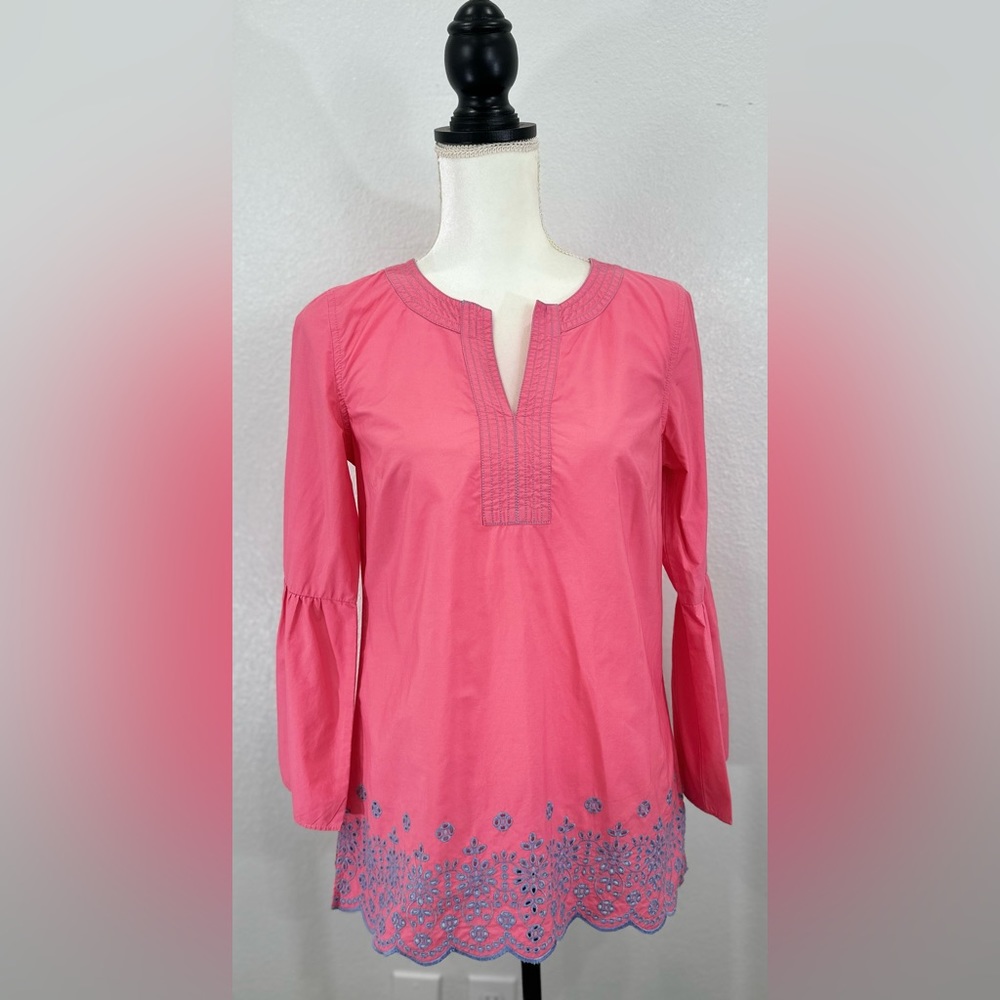 Talbots Pink & Blue Eyelet Hem Puff Sleeve Pullover Top Boho Preppy Coastal XS